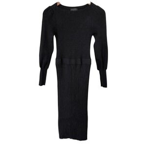 Ann Taylor Ribbed Knit Midi Dress Women‎ XS Black Pearl Cuff Puff Sleeve